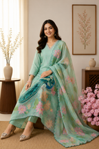 New Designer Mint Green Linen Cotton Suit Set with Handwork