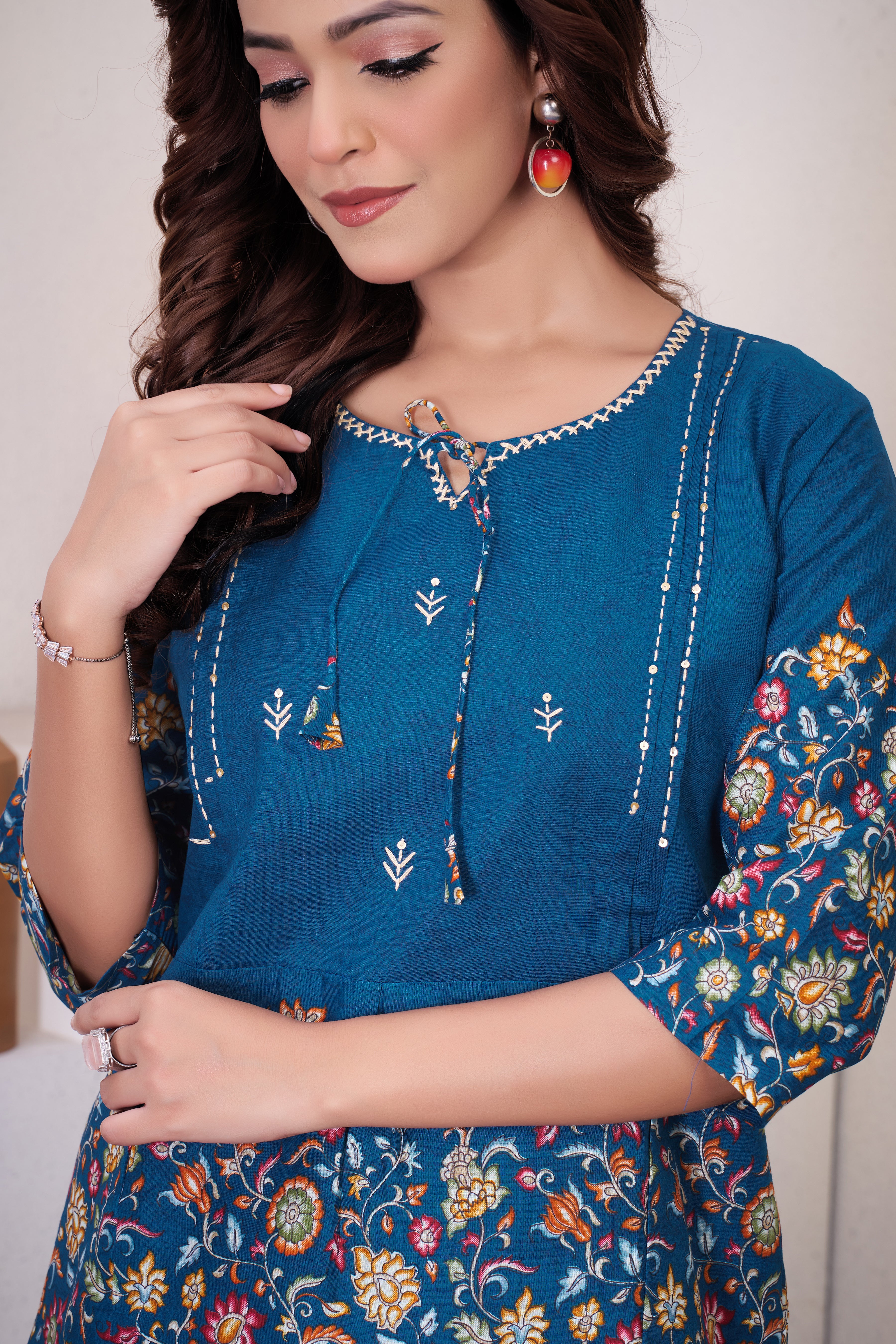 Elegant Teal Blue Designer Pure Cotton Co-ord Set
