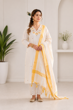 Pure Khadi Cotton Multi-Thread Embroidered Kurta Pant Set with Dupatta