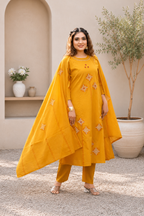 Festive Mustard Pure Cotton Suit Set with Floral Mirror Hand Work