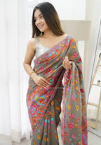 Women's Designer Pure Soft Kashmiri Pasmina Kachi Work Saree