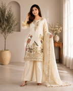 Very Beautiful Cream Fendy Silk Suit Set with Peacock Sequins Embroidery
