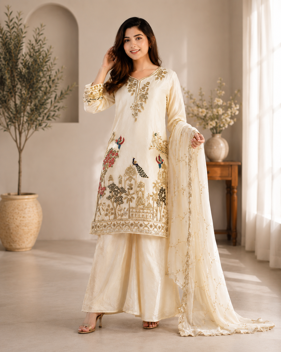 Very Beautiful Cream Fendy Silk Suit Set with Peacock Sequins Embroidery