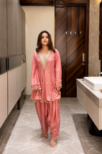 Designer Onion Pink Coss Moss Silk Mirror Work Kurta Pant Set with Dupatta