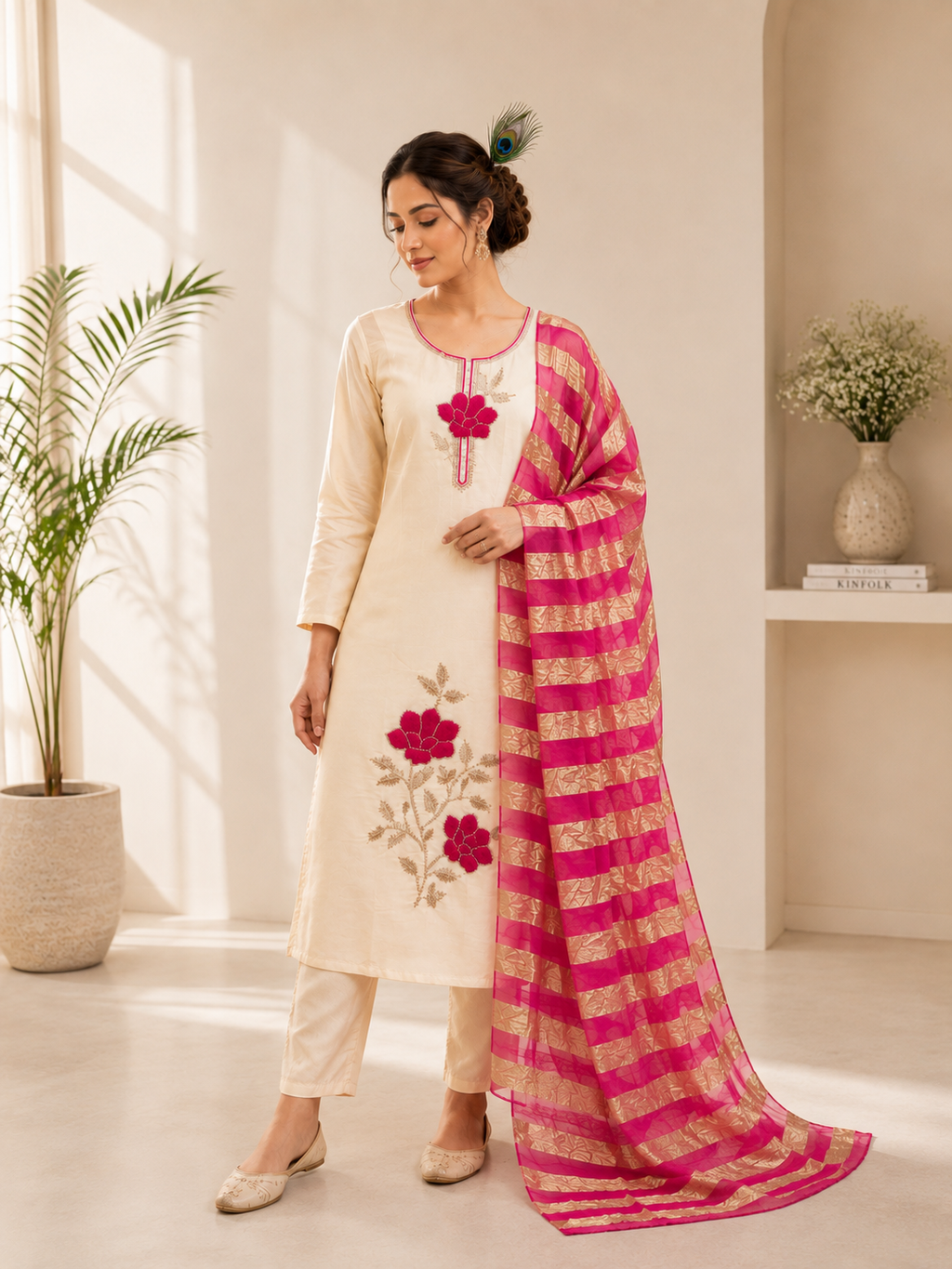 Elegant Beige Premium Roman Silk Beads Embroidered Suit Set