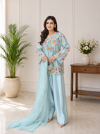 Elegant Modern Ice Blue Embroidered Crape Silk Suit Set with Organza Dupatta