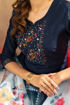Premium Navy Blue Viscose Silk Multi Embroidered Suit Set