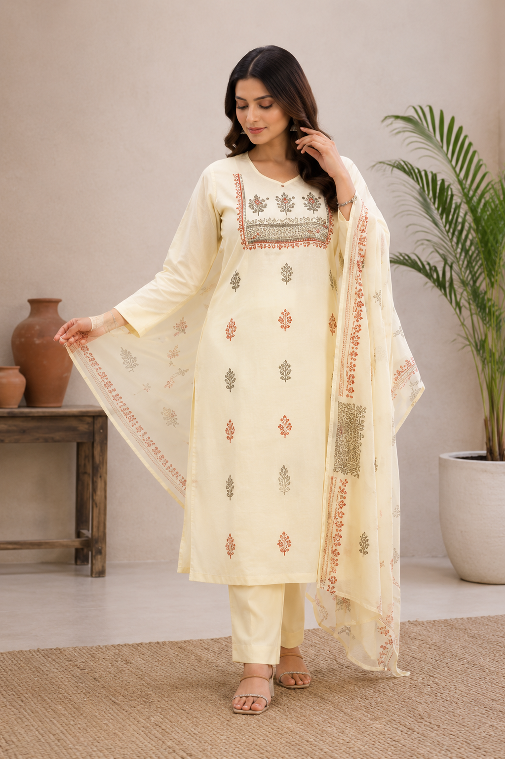 Ivory Cream Pure Cotton Hand Block Print Kurta Pant Set