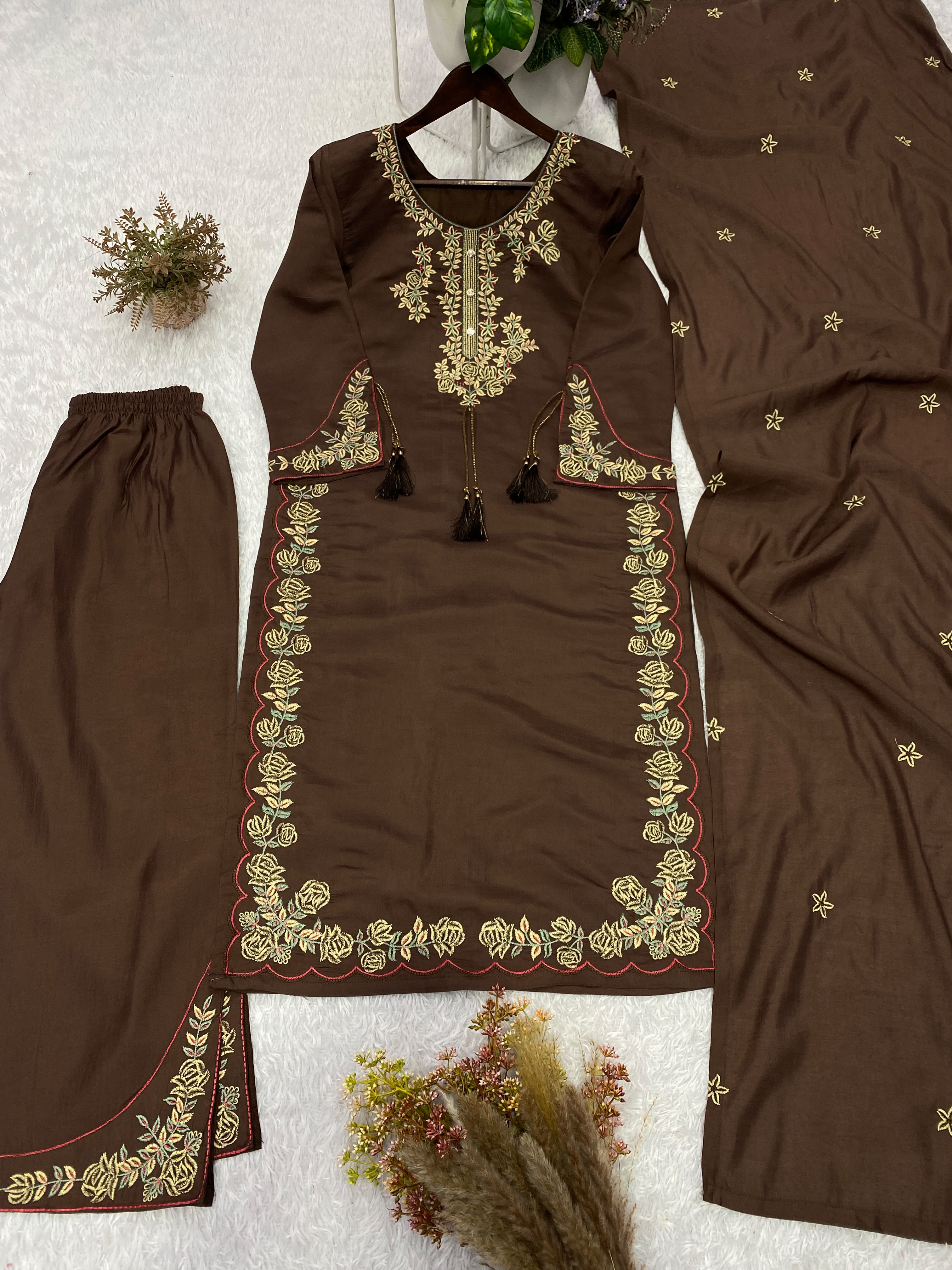 Elegant Brown Embroidered Roman Silk Suit Set with Dupatta