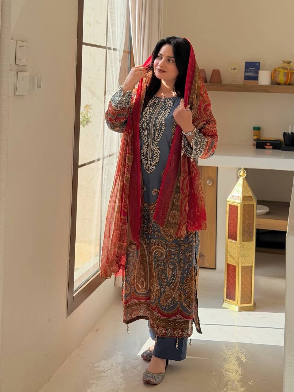 Elegant Blue Printed Chinon Anarkali Suit Set With Diamond Work