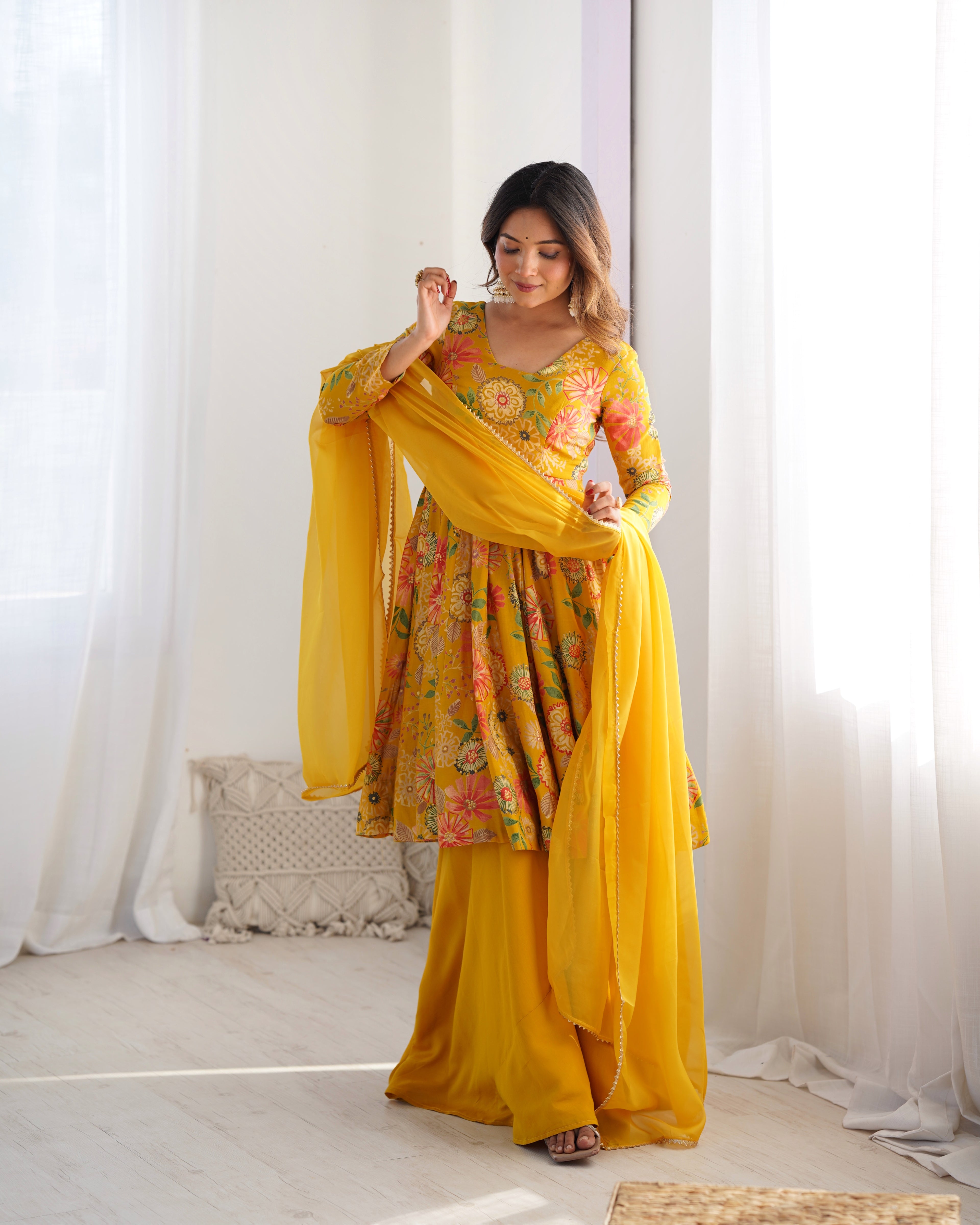 Sunshine Bloom Printed Roman Silk Kurta Palazzo Set with Dupatta