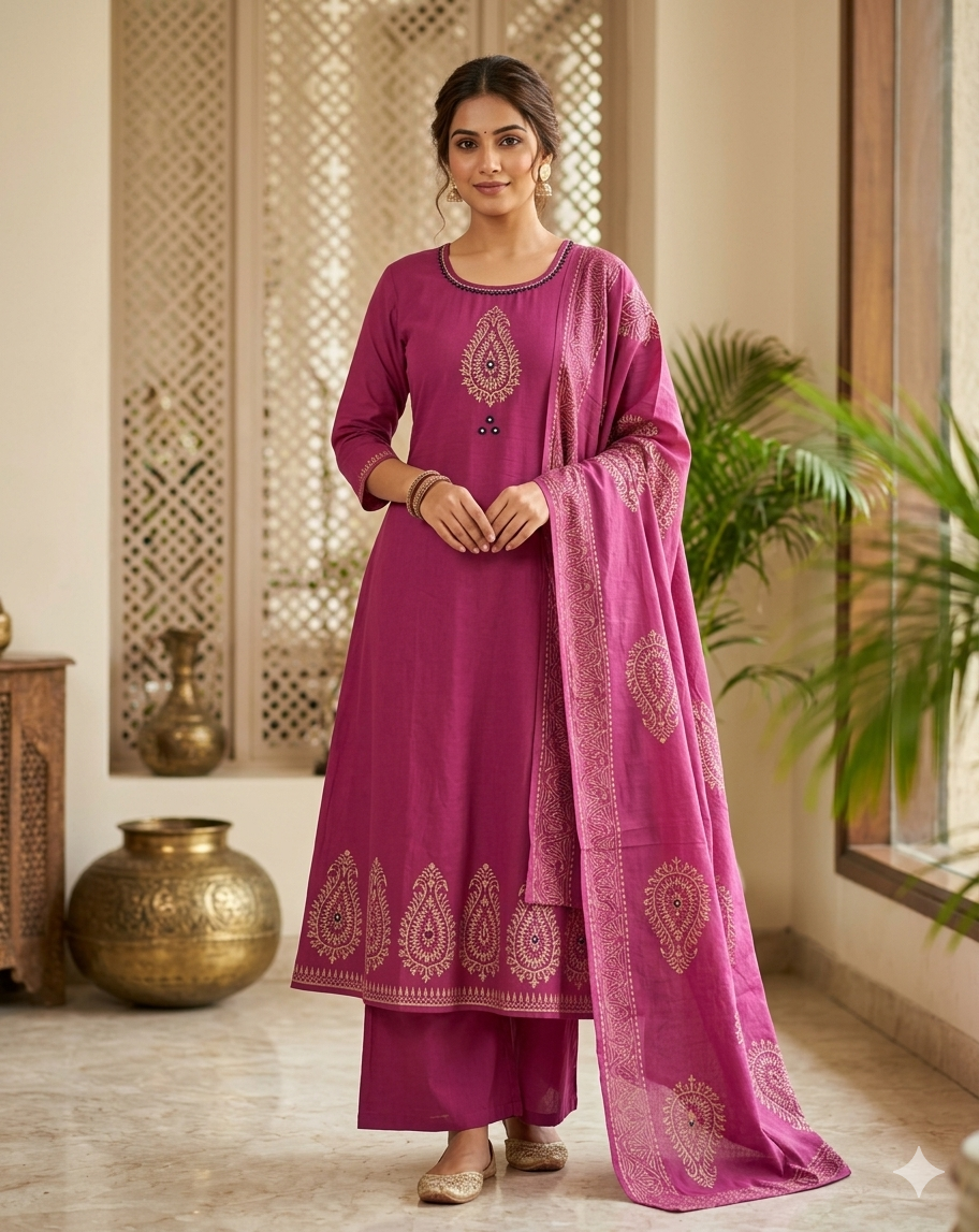 Catchy Rouge Pure Cotton Suit Set With Mirror Hand Work