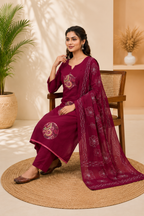 Wine Pure Cotton Embroidery Kurta Pant Set With Mandala Patchwork