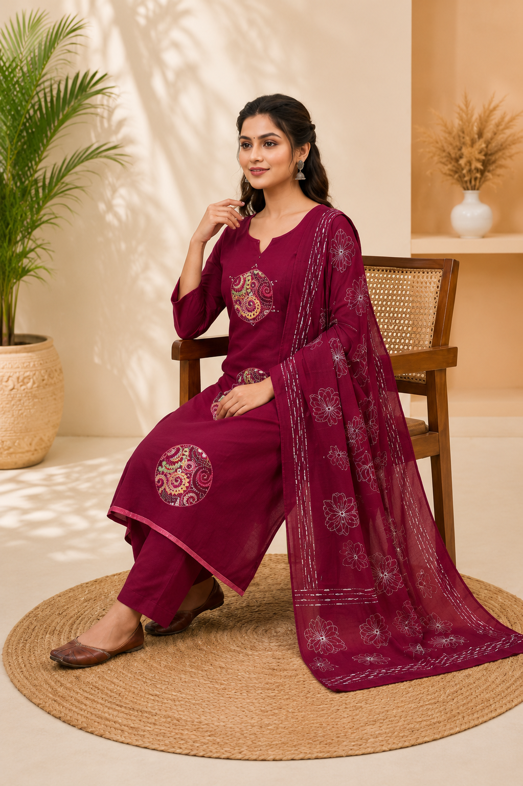 Wine Pure Cotton Embroidery Kurta Pant Set With Mandala Patchwork