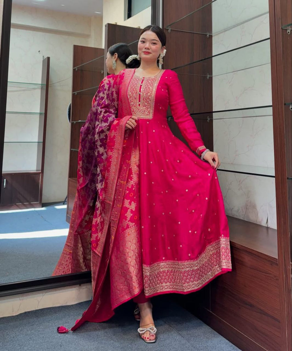 MOST PLEASING BANANA SILK ANARKALI STYLE SUIT SET