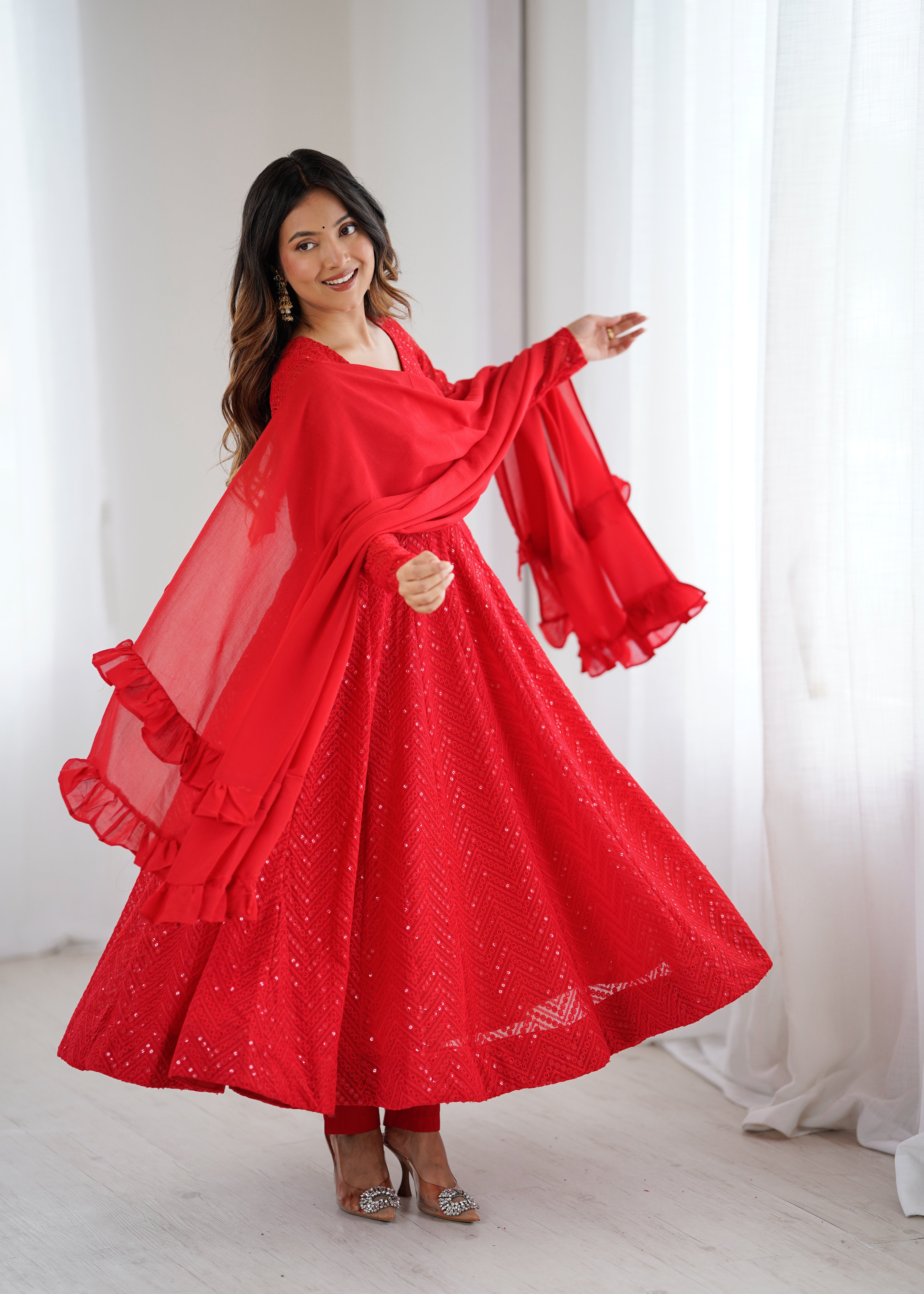 Designer Embroidered Soft Fox Georgette Anarkali Suit Set with Dupatta