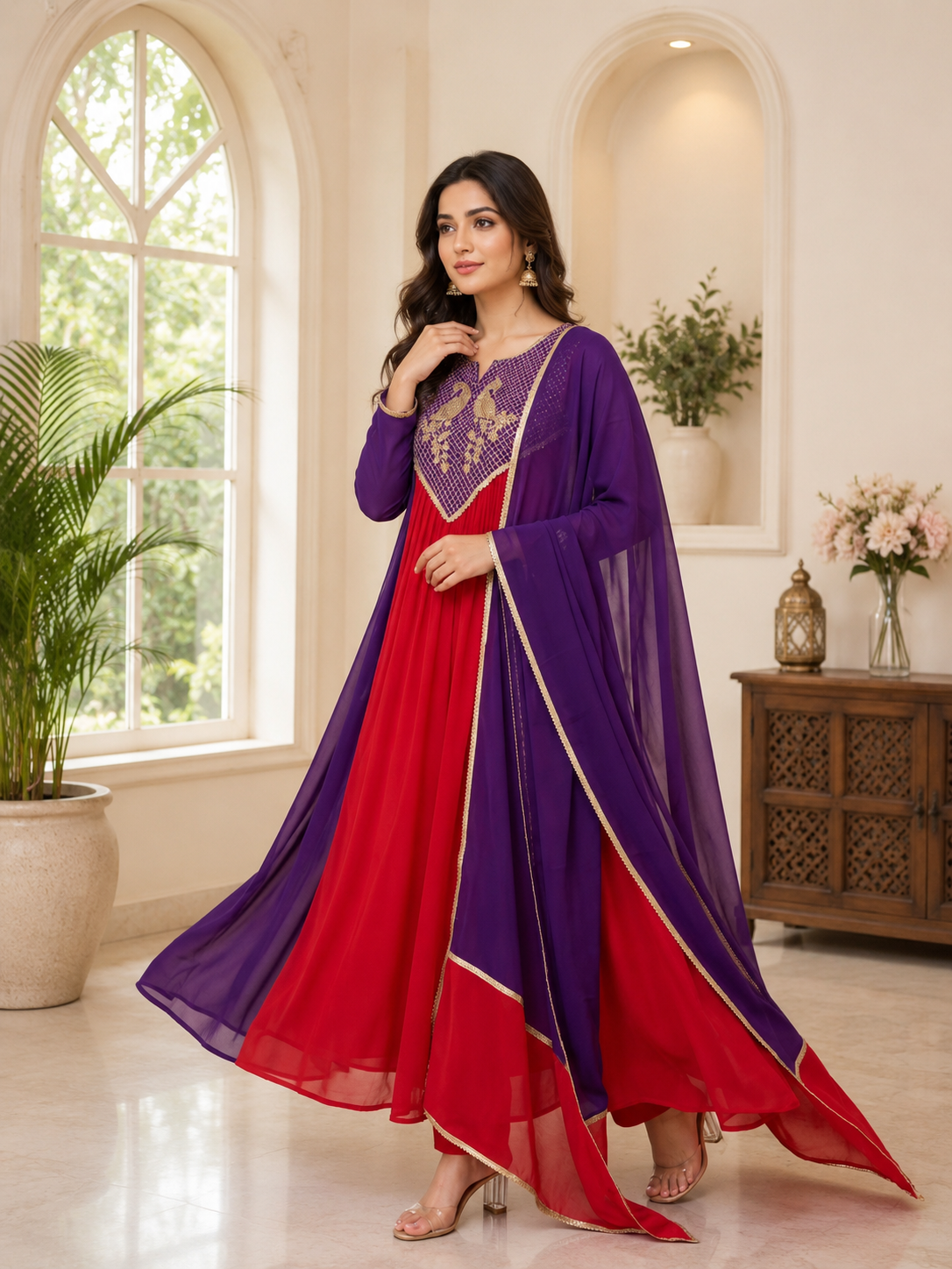 Festive Sequence Embroidered Mul Chanderi Anarkali Suit Set