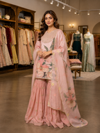Elegant Blush Pink Sequence Embroidery Soft Organza Sharara Suit Set