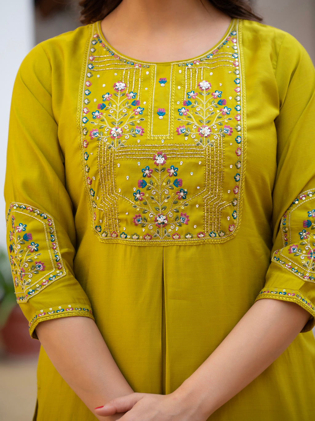 Luxury Pure Viscose Mango Silk Floral Embroidered Suit Set