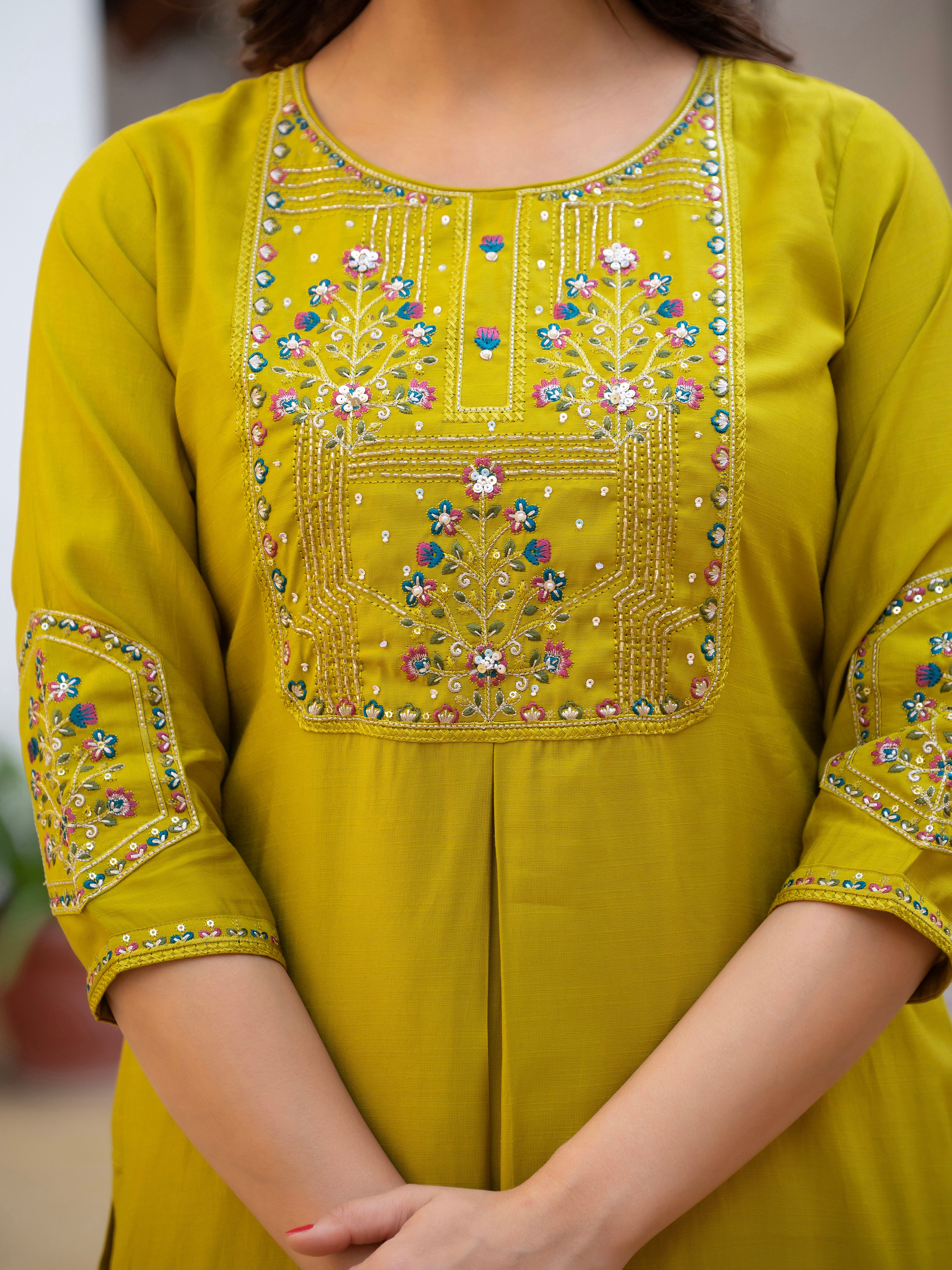 Luxury Pure Viscose Mango Silk Floral Embroidered Suit Set