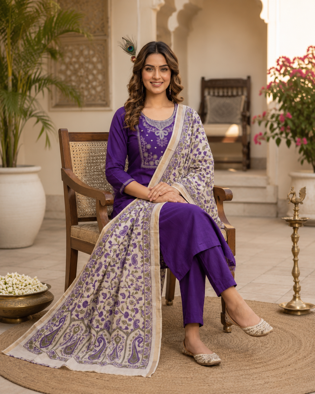 Premium Roman Silk Embroidered Suit Set with Kalamkari Dupatta