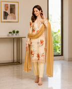 Very Beautiful Cream Muslin Silk Floral Print Suit Set