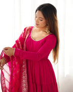 Pink Roman Silk Anarkali Suit Set with Woven Banarasi Dupatta