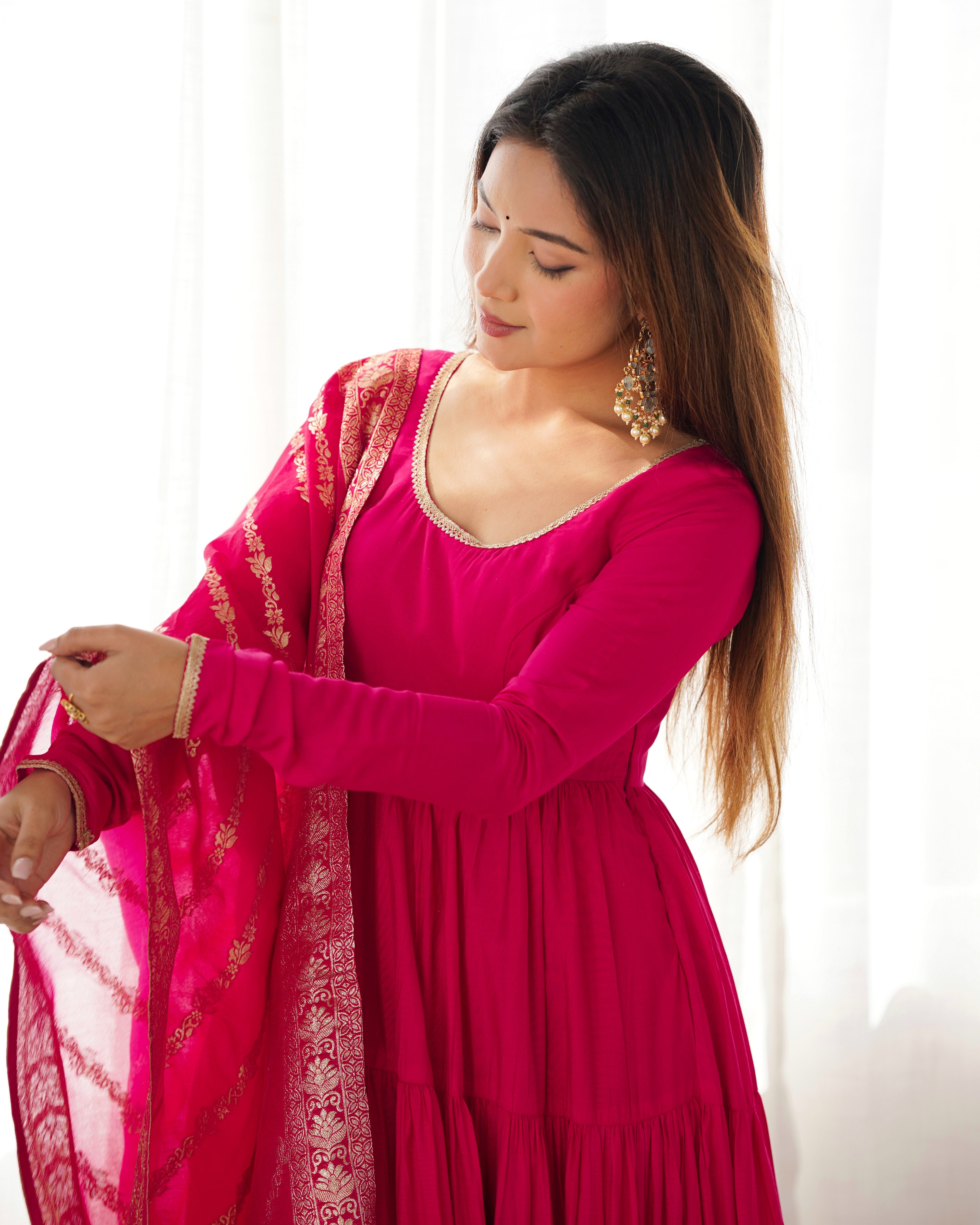 Pink Roman Silk Anarkali Suit Set with Woven Banarasi Dupatta