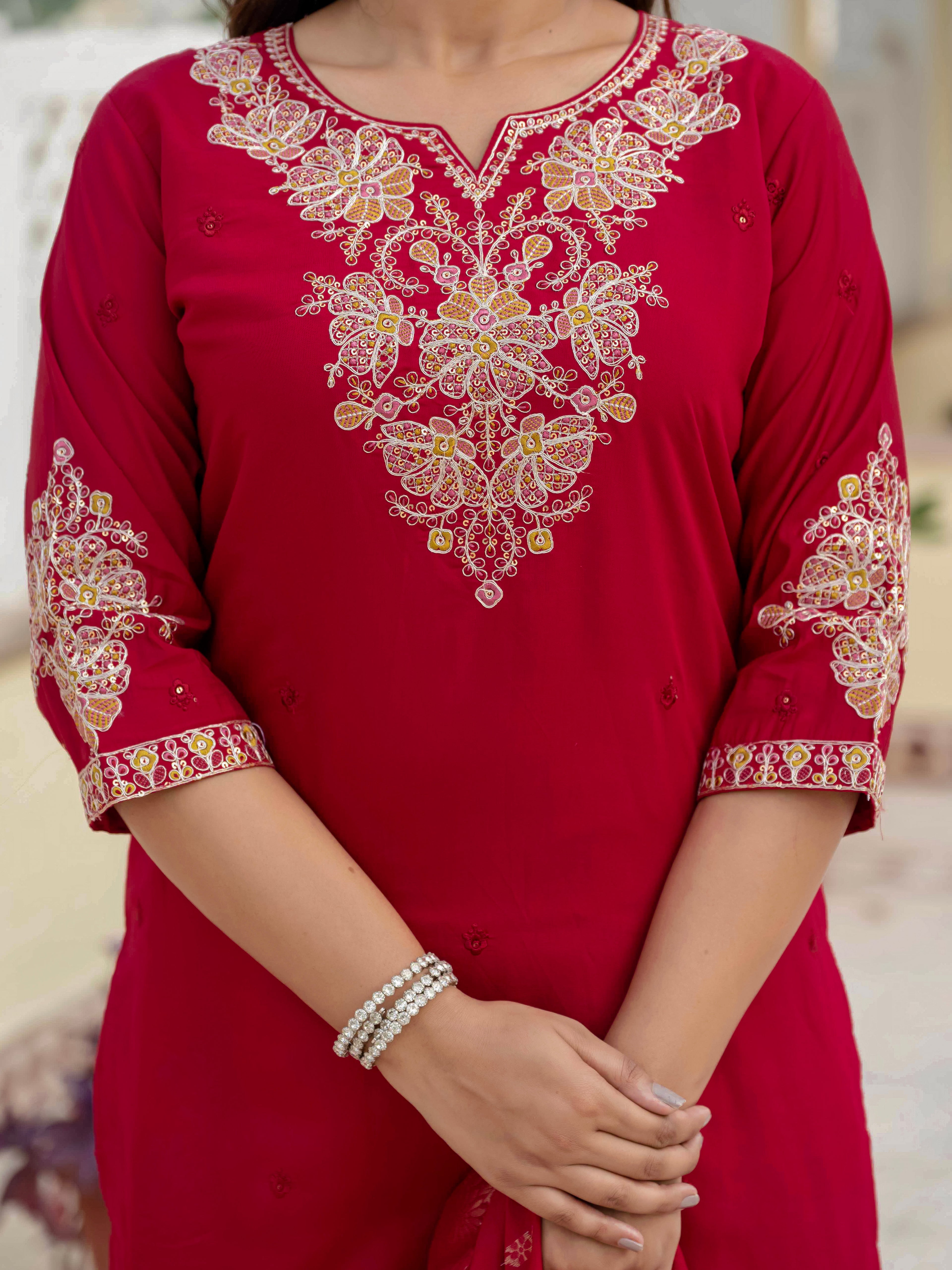 Luxury Roman Silk Embroidered Ethnic Suit Set