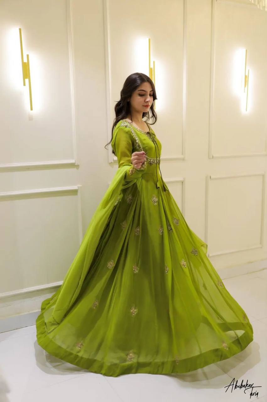 Attractive Parrot Green Georgette Embroidery Anarkali Gown with Dupatta