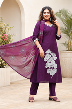 Very Attractive Royal Purple Floral Embroidered Cotton Suit Set