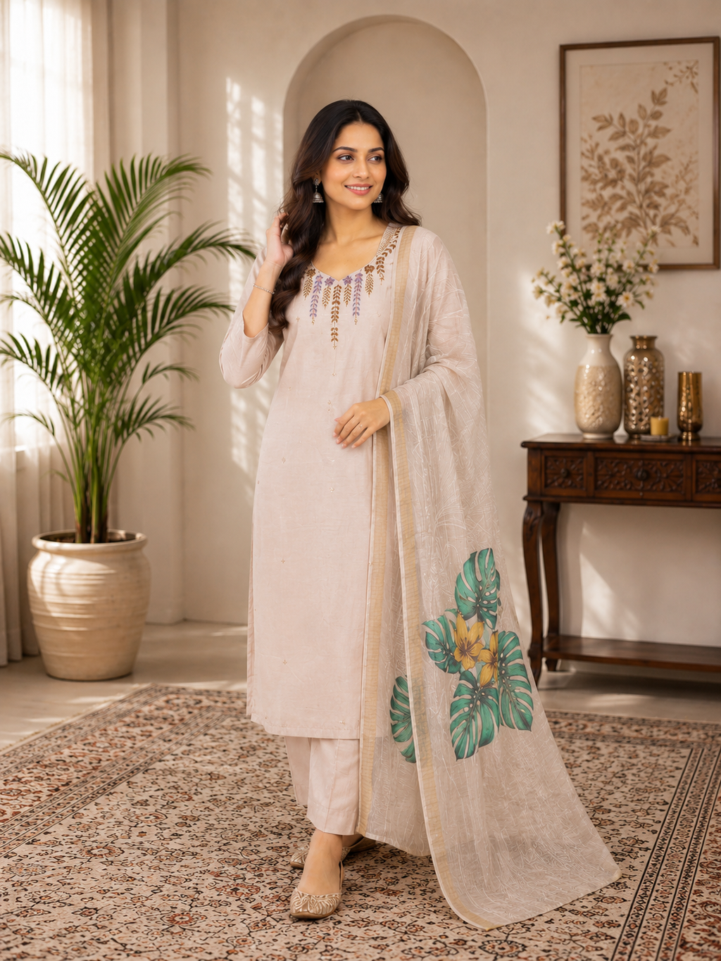 Elegant Beige Hand Work Premium Mul Chanderi Suit Set With Floral Dupatta