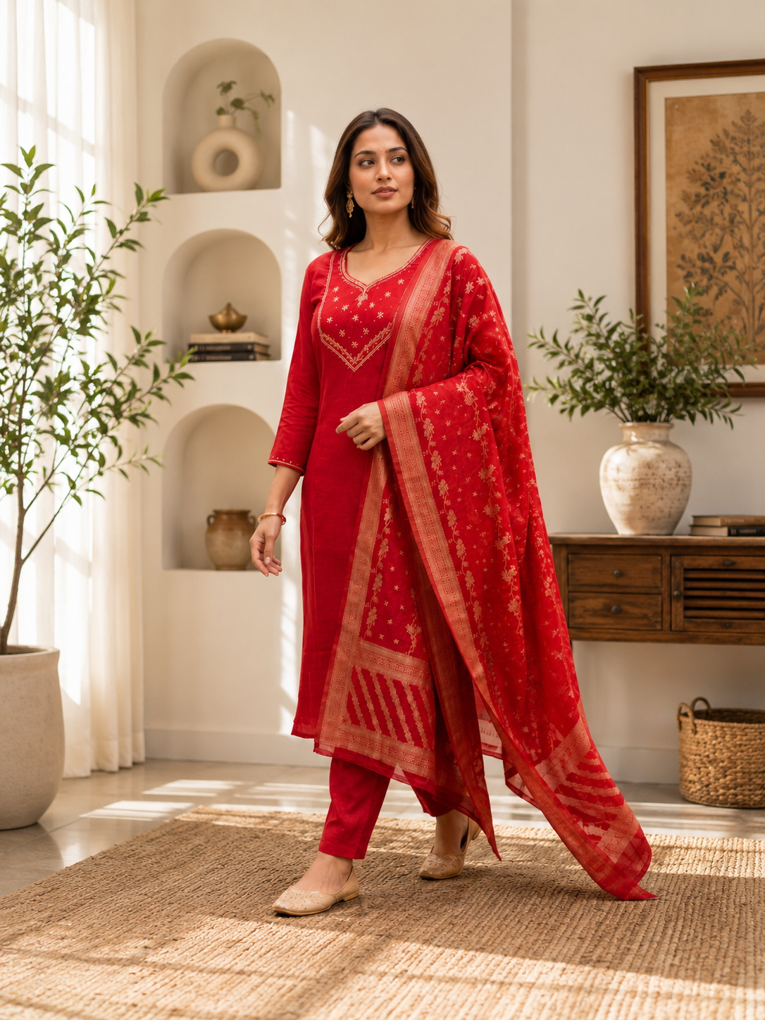 Elegant Handwork Mul Chanderi Suit Set With Jacquard Dupatta