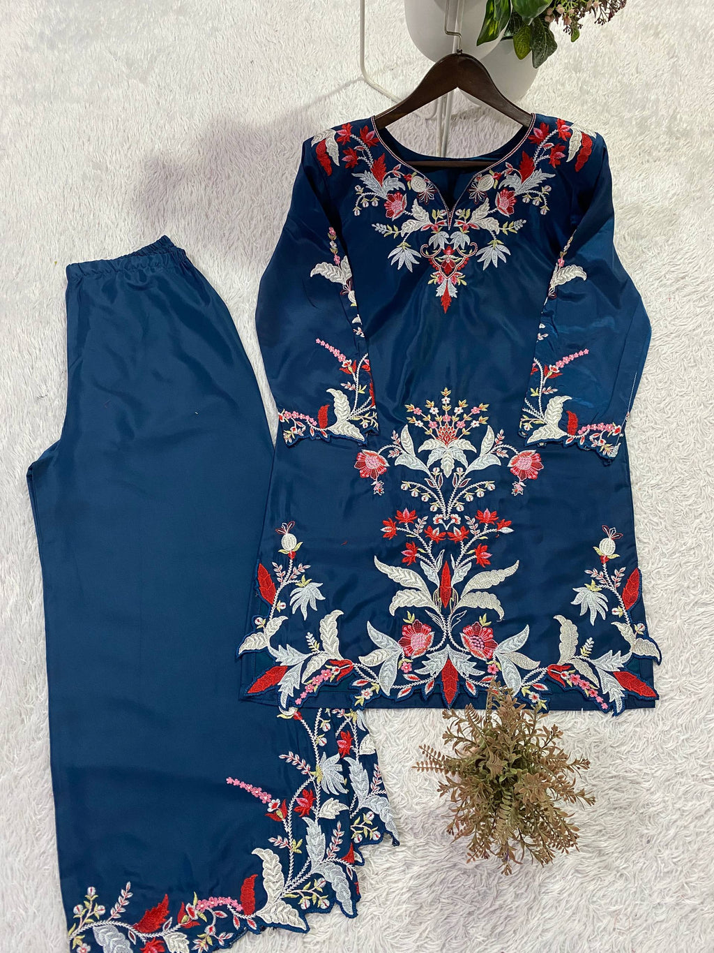 Premium Teal Blue French Crepe Embroidered Co-ord Set