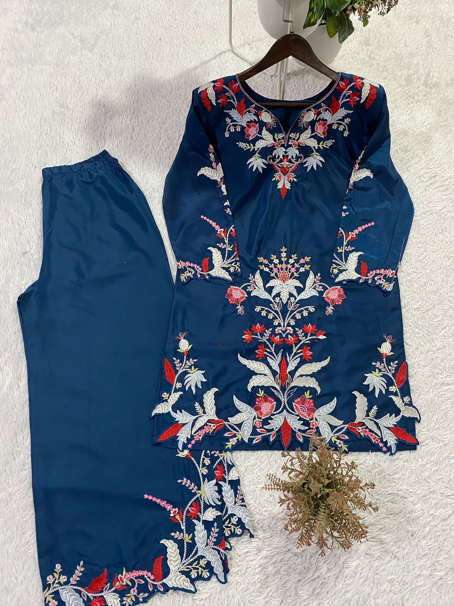 Premium Teal Blue French Crepe Embroidered Co-ord Set