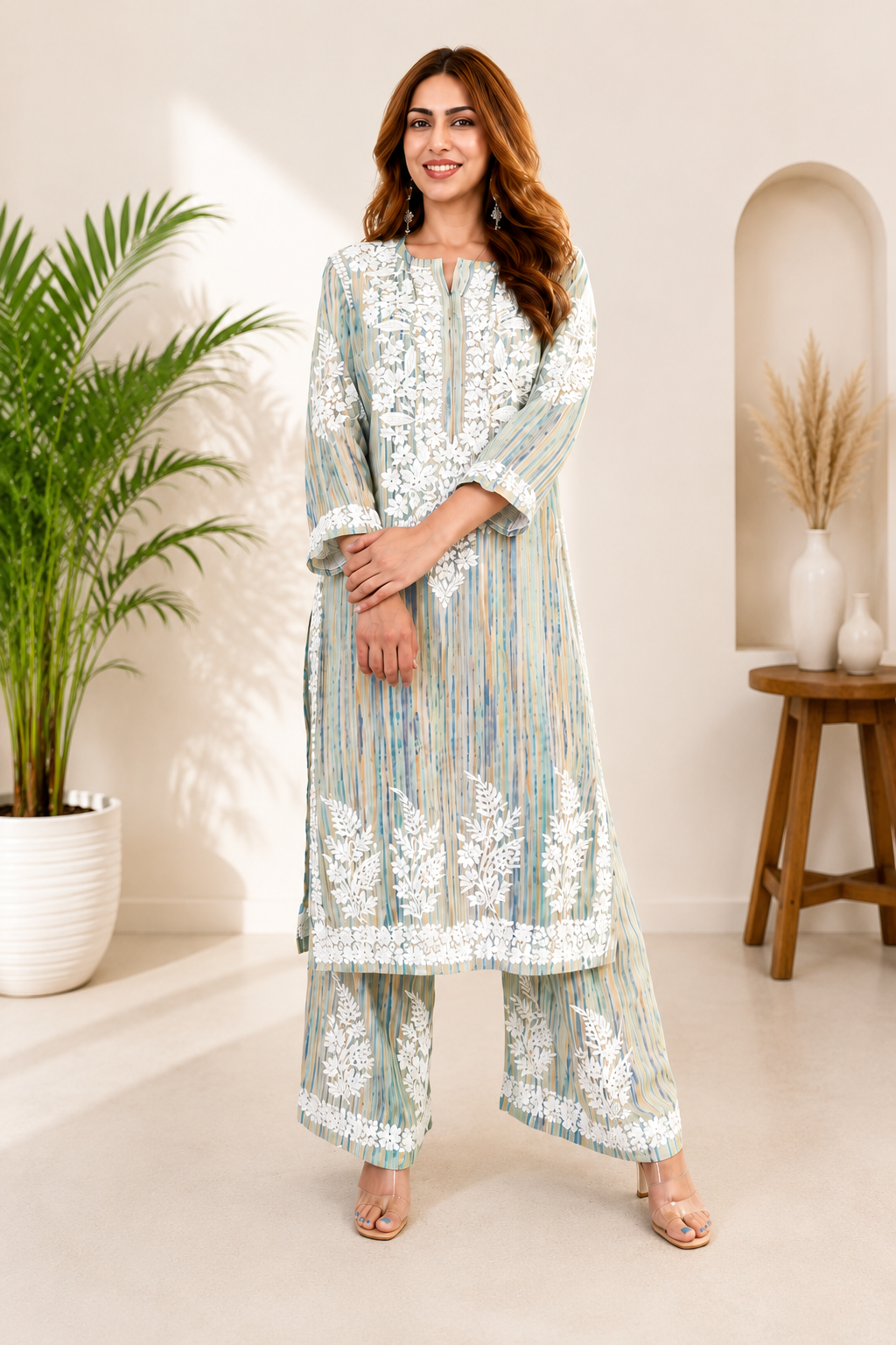 Very Attractive Multi Striped Rayon Embroidery Chikankari Suit Set