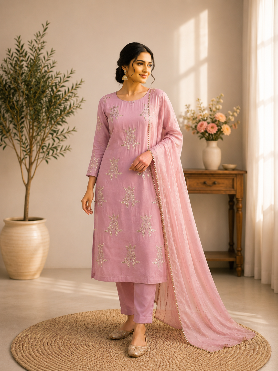 Elegant Pink Chinon 3-Piece Festive Salwar Suit Set with Sequin Work