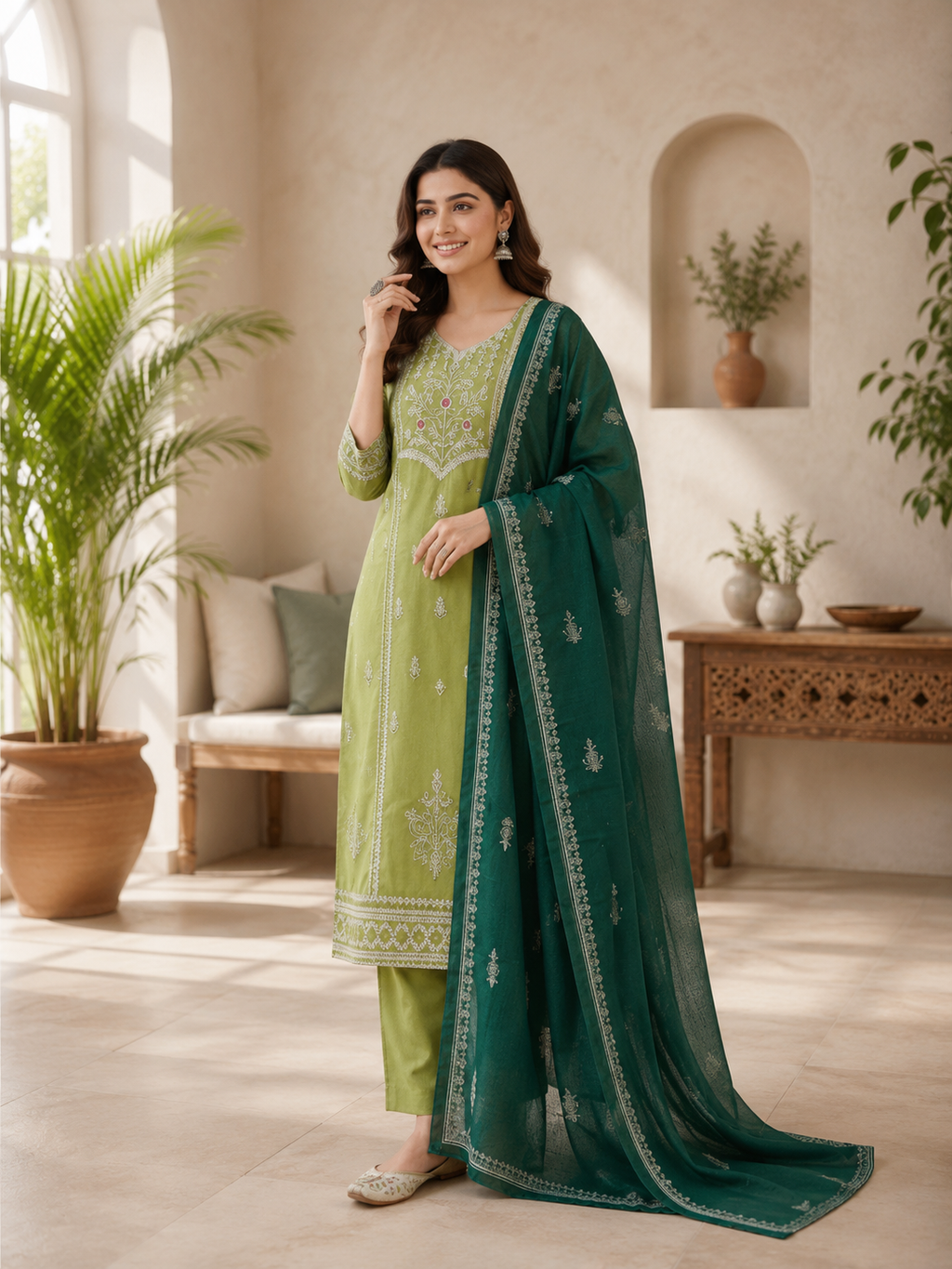 Elegant Green Hand Block Printed Pure Cotton Suit Set