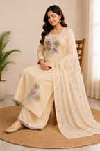 Elegant Beige Pure Cotton Thread Embroidery Suit Set