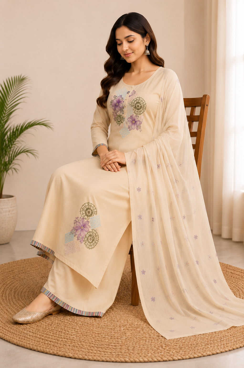 Elegant Beige Pure Cotton Thread Embroidery Suit Set