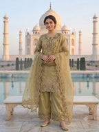 Elegant Olive Green Crunchy Silk Embroidered Suit Set with Organza Dupatta