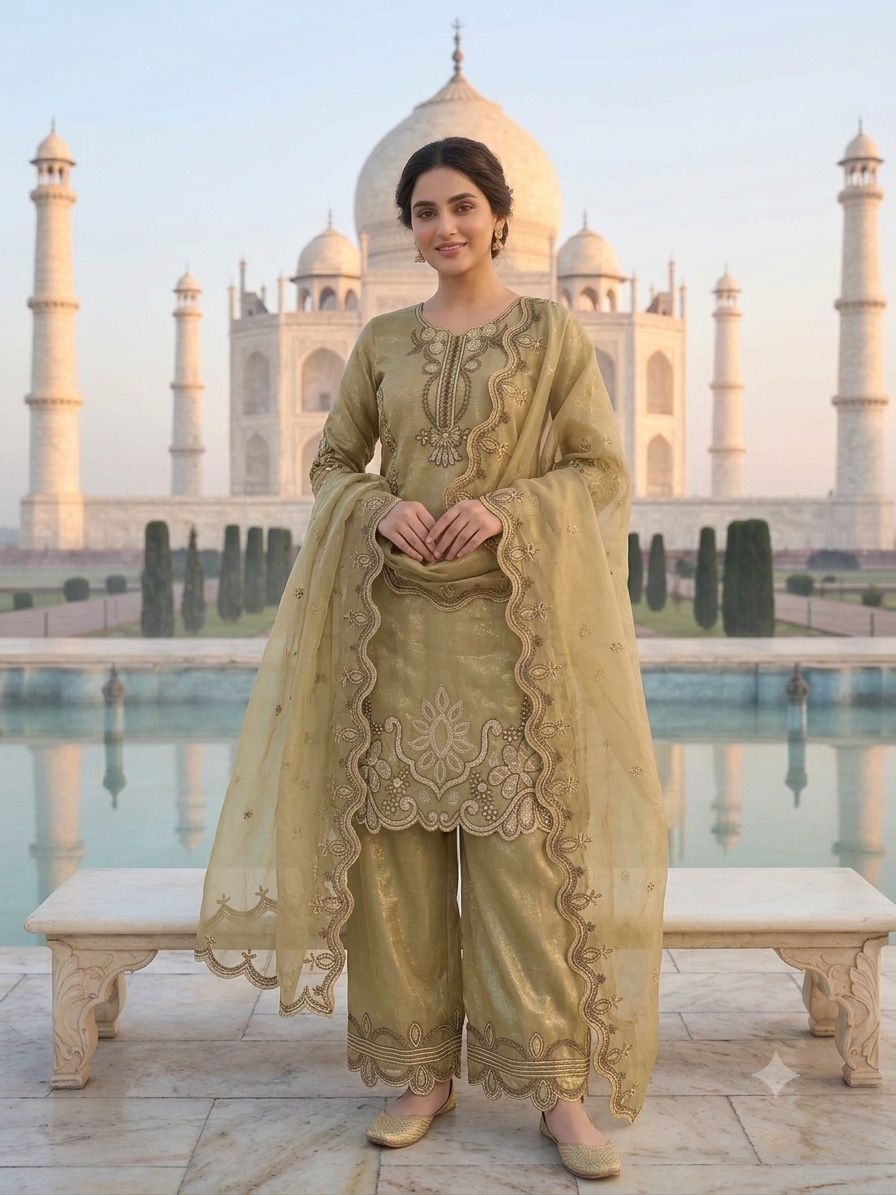 Elegant Olive Green Crunchy Silk Embroidered Suit Set with Organza Dupatta