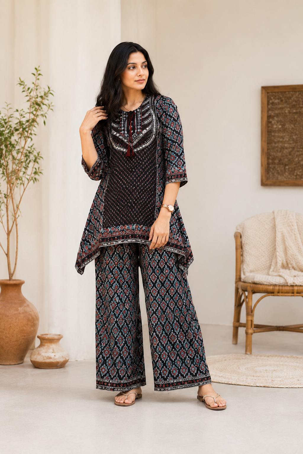 Premium Black Printed Natural Crepe Co-Ord Set