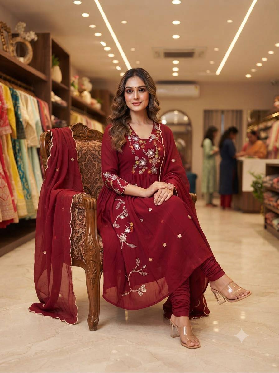New Designer Festive Embroidery Mul Chanderi Anarkali Suit Set