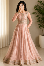 Peach Faux Georgette Thread and Sequence Anarkali Suit Set