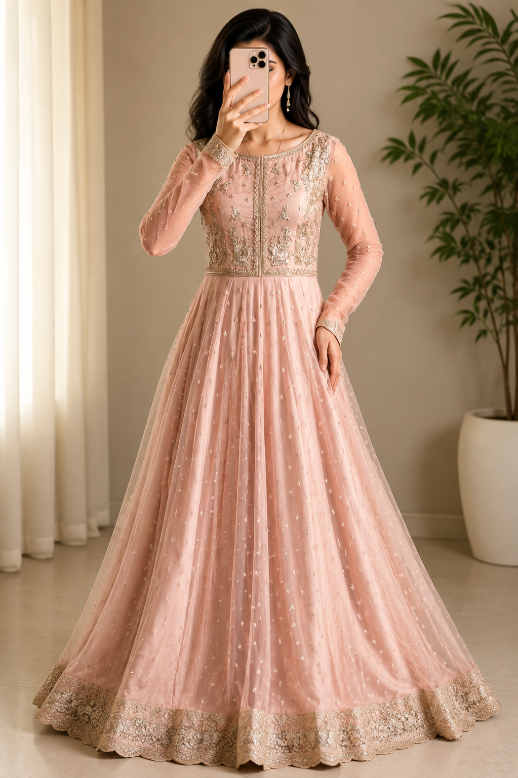 Peach Faux Georgette Thread and Sequence Anarkali Suit Set
