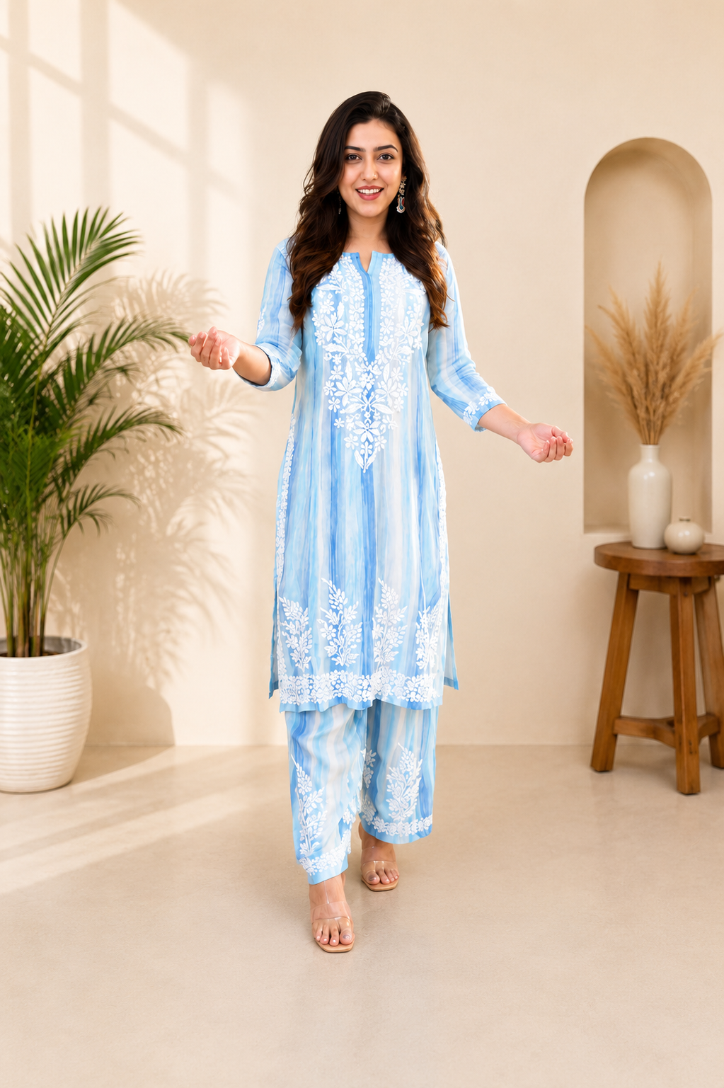 Beautiful Ocean Blue Striped Rayon Embroidery Chikankari Suit Set
