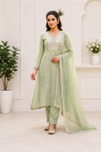 Pista Green Pure Mul Chanderi Embroidered A-Line Suit Set with Dupatta