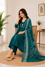 Emerald Teal Cotton Ethnic Suit Set With Real Mirror Hand Work