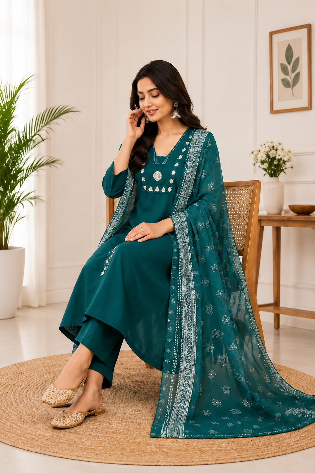 Emerald Teal Cotton Ethnic Suit Set With Real Mirror Hand Work